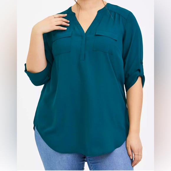 torrid Tops - Torrid Harper Georgette Tunic, Teal/Turquoise, 3/4 Sleeve, Torrid Size 2